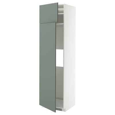 A modern, tall cabinet in white and grey-green, part of the METOD kitchen system. It adjustable shelves, snap-on hinges, and a ventilated base.
