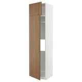 Displays a modern, tall white cabinet with wooden doors, designed for kitchen storage.
