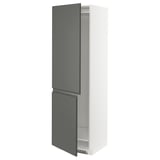 Gray and white tall cabinet with double doors slightly ajar, modern kitchen storage unit.