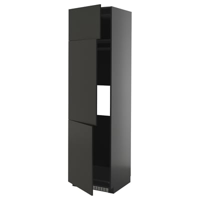 Black glossy METOD tall kitchen cabinet with open doors.