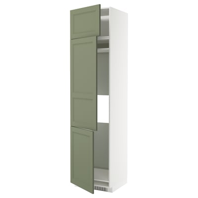 Green cabinet from ikeas METOD series, standing tall and slim with three openable sections, in light green with silver handles.