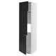 Modern black and white kitchen cabinet with sleek, matte black doors featuring integrated handles, and a white frame.