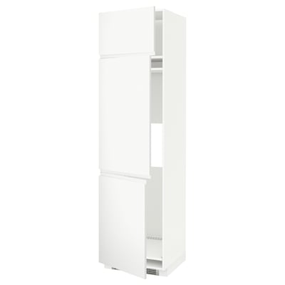 Modern white kitchen cabinet, tall and slim, minimalist design, with two adjustable shelves, sleek doors, suitable for various storage needs.