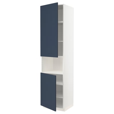 Its a METOD kitchen cabinet in white and blue, tall with one open door revealing shelves.