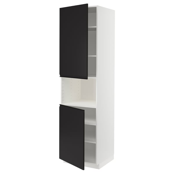 White and black ikea METOD kitchen unit with open doors.