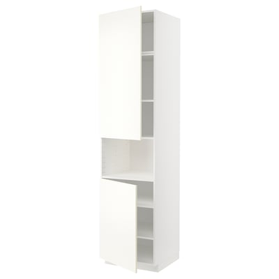 METOD kitchen unit, white. Tall, rectangular cabinet with three shelves, one open door.