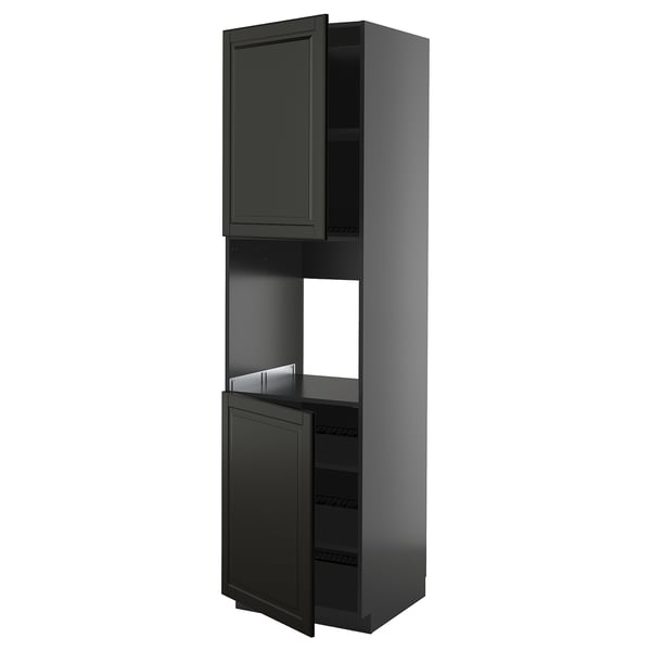 A black METOD kitchen cabinet with a tall, narrow shape and a door open to reveal shelves.