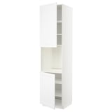 White METOD kitchen cabinet. Tall, rectangular, with open sections, adjustable shelves.