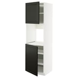 Black and white kitchen cabinet with shelves.