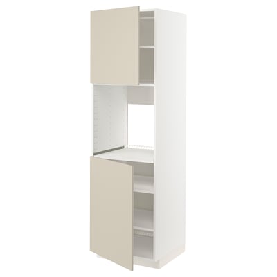 White kitchen cabinet with beige doors, adjustable shelves, snap-on hinges.