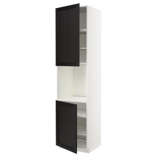A tall white kitchen cabinet with black wooden doors, each with adjustable shelves, designed with a traditional character.