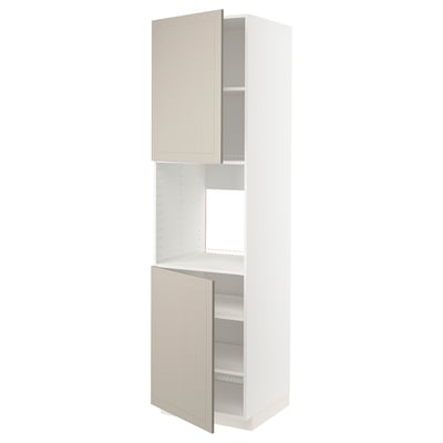 White METOD kitchen cabinet with beige doors and adjustable shelves.