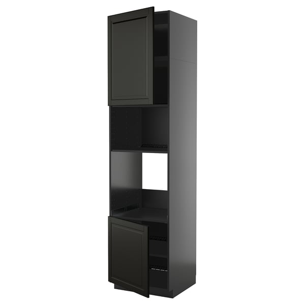 Black METOD kitchen cabinet with beveled doors, tall, rectangular, modern design.