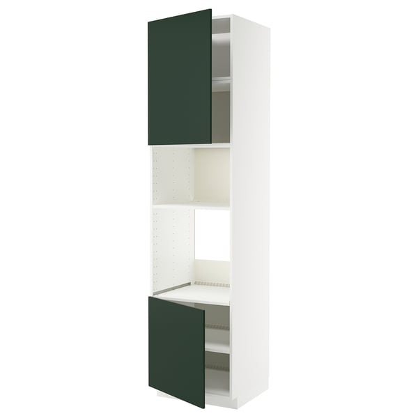 A tall METOD kitchen cabinet with green doors, open shelves, 25-year guarantee.