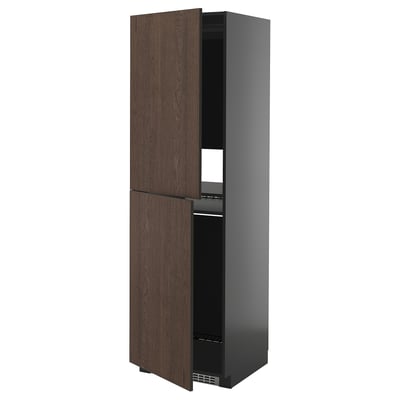 A tall, dark grey METOD kitchen cabinet with dark brown wooden doors, featuring adjustable shelves and nickel-plated hinges.