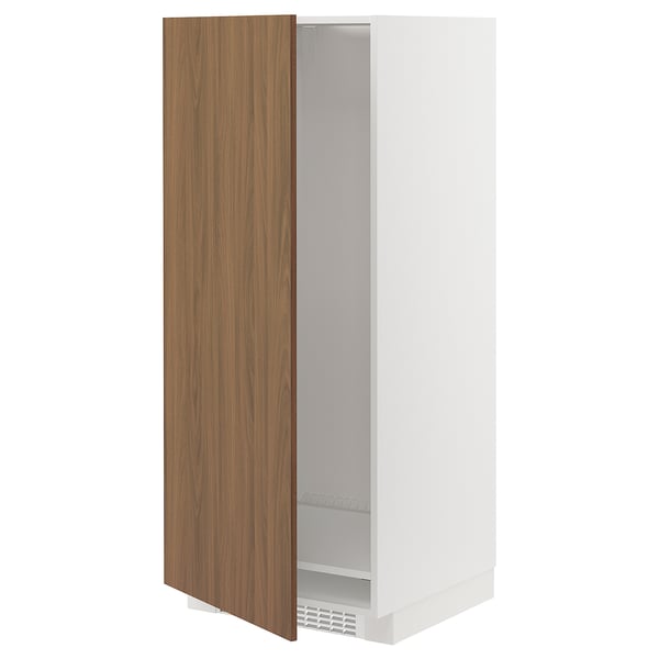 This image shows a white METOD kitchen cabinet with a wooden door partially open. The cabinet has a sleek, modern design and includes shelves inside.