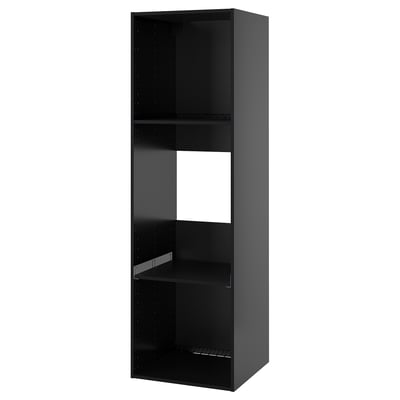 A black METOD kitchen cabinet with two shelves. Its a tall, rectangular unit with a smooth finish and pre-drilled holes for adjustable shelves.