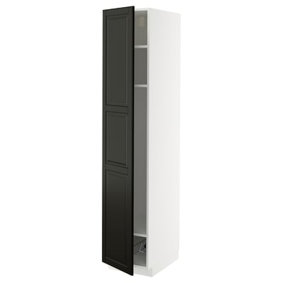 Modern tall black cabinet with 3 shelves, part of ikeas METOD kitchen system.