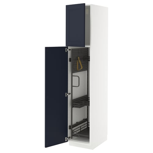 Displays an open METOD kitchen cabinet with blue axstad fronts, featuring an organised storage solution with pull-out racks.