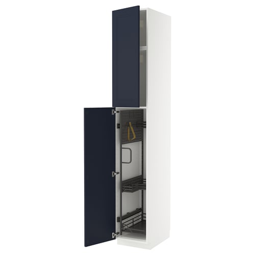 An open white and grey METOD kitchen cabinet with multiple compartments and organizers.
