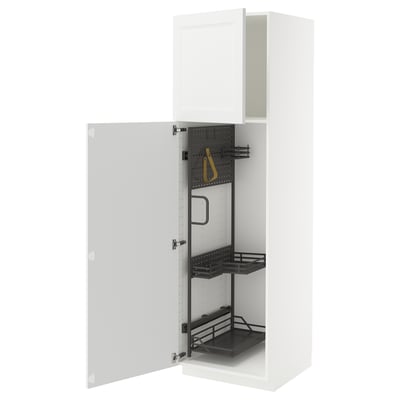 An open white METOD kitchen cabinet with organizing shelves and tools.