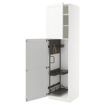 White METOD cabinet, open, with shelves and hooks, clean design.