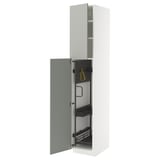 An open white METOD kitchen cabinet with green doors and metal organizers.