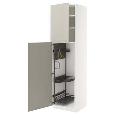 A tall white cabinet with beige doors open, displaying a hanging solutions rail, shelves, and hooks.