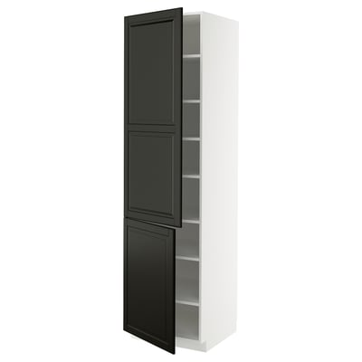 Modern tall black cabinet, sleek, with multiple shelves, white frame, shaker-style doors.