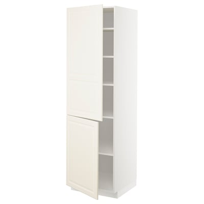 Off-white tall kitchen cabinet with door open, featuring adjustable shelves and beveled edges.