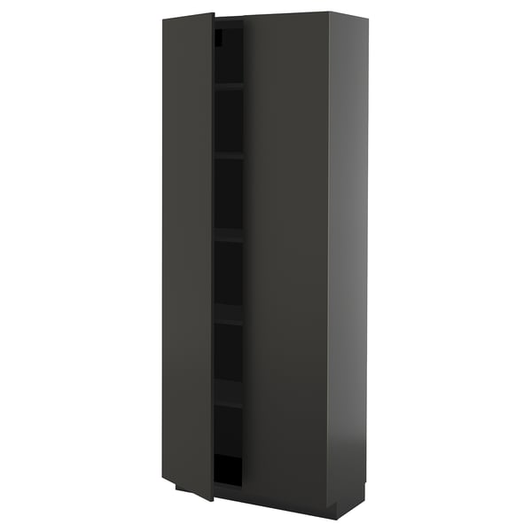 Black METOD kitchen cabinet with adjustable shelves, modern and sleek design.