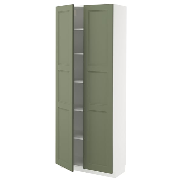 Green-white kitchen cabinet with two doors and adjustable shelves.