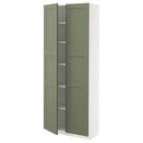 Green-white kitchen cabinet with two doors and adjustable shelves.