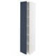 White tall kitchen cabinet, blue door, adjustable shelves.