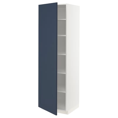 A white METOD kitchen cabinet with a single dark blue door, three shelves, and sleek design.