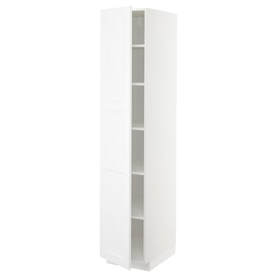 A white METOD tall kitchen cabinet, sleek and rectangular with adjustable shelves and a modern design.