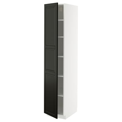 White METOD tall cabinet with black door, beveled edges, adjustable shelves.