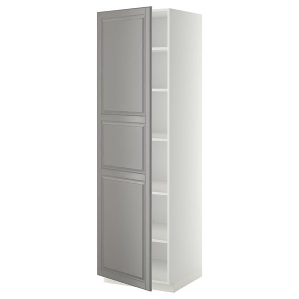 White and gray cabinet with adjustable shelves.