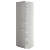 White and gray cabinet with adjustable shelves.