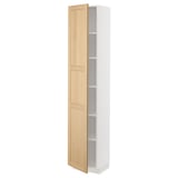 White kitchen cabinet with light wood door, vertical design.