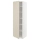 This image shows a white and beige kitchen cabinet with adjustable shelves and a door that can open on either side.