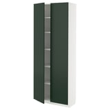 White and dark green cabinet with glass doors, modern design, tall and rectangular.