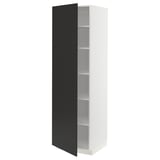 A white and black METOD kitchen cabinet with adjustable shelves. The door is open, revealing the inside storage space.
