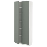 Depicts a white and green kitchen cabinet from the METOD system, featuring an adjustable shelf and a green door.