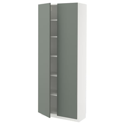 Depicts a white and green kitchen cabinet from the METOD system, featuring an adjustable shelf and a green door.