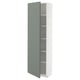 Modern white and green kitchen cabinet with adjustable shelves.