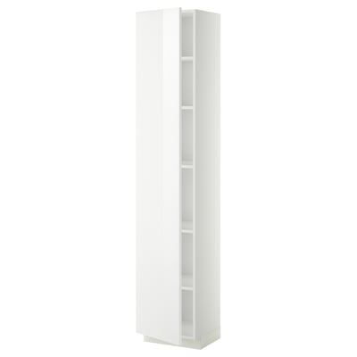 White high gloss ikea METOD kitchen cabinet, tall and rectangular with adjustable shelves.