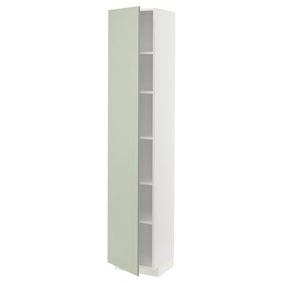 Tall white ikea METOD kitchen cabinet with green doors, featuring adjustable shelves and a sleek, modern design.