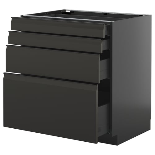 Black kitchen drawer unit, modern design, four drawers, sleek edges, stainless hardware, minimalist style.