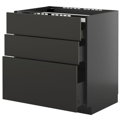 Modern black METOD kitchen unit with three drawers, glossy finish, rectangular shape.